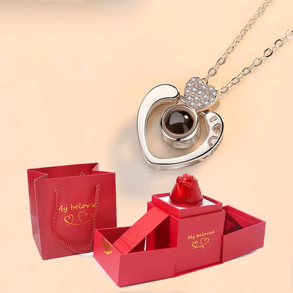 HotRose Conjunto con collar “te amo el 100 idiomas” en caja de rosa ascendente - [PROMOCIÓN DISPONIBLE SOLO HOY]